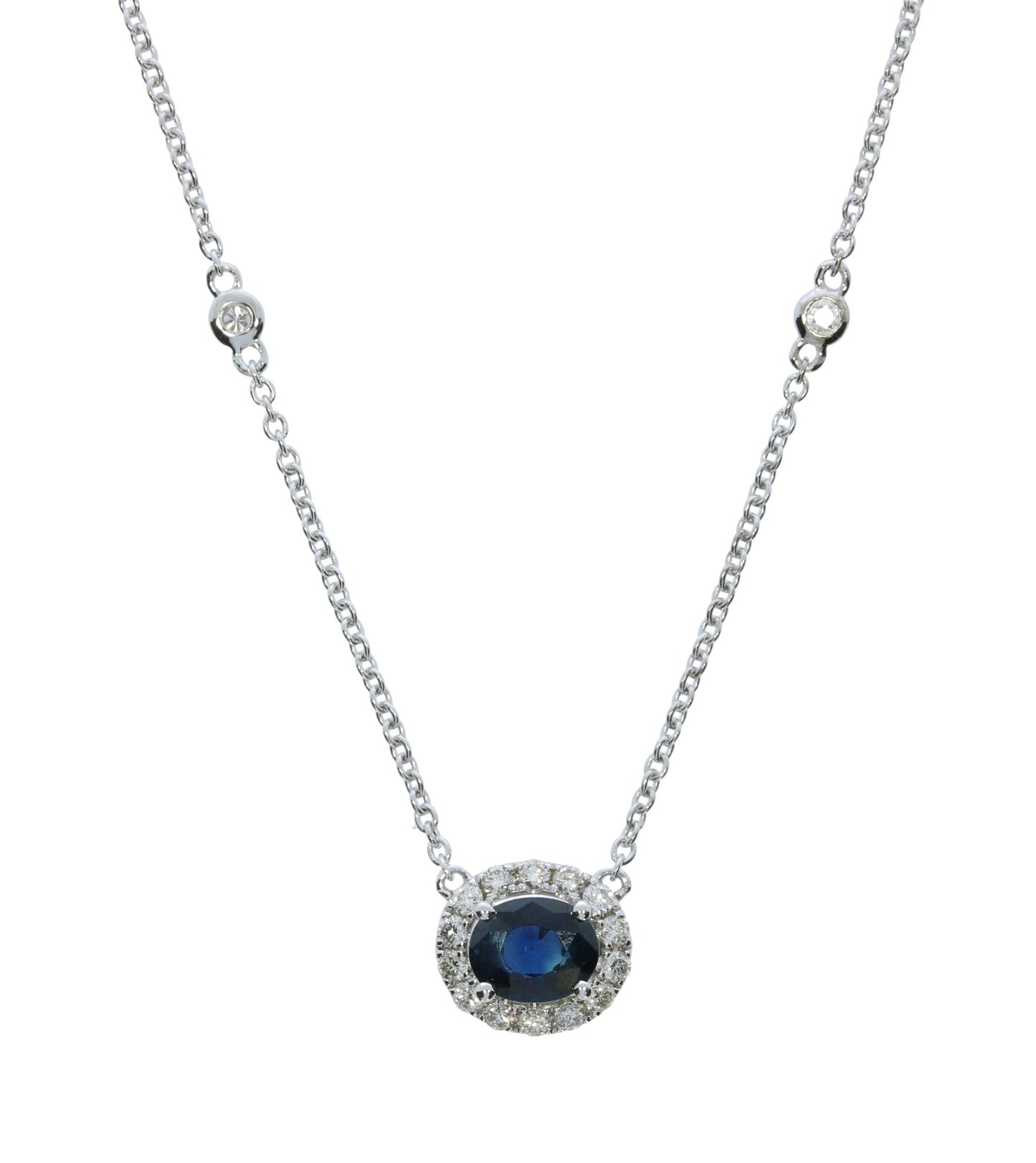 White Gold Sapphire and Diamond Halo Pendant