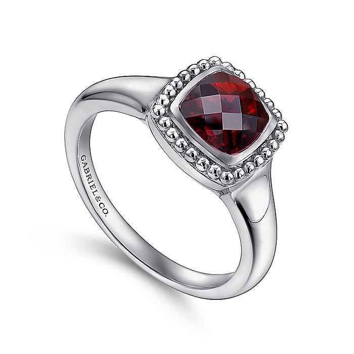 Gabriel & Co Sterling Silver Beaded Cushion Cut Garnet Ring