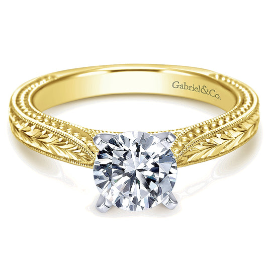 Gabriel & Co Yellow And White Gold Engraved Semi-Mount Engagement Ring - Diamond Semi-Mount Rings