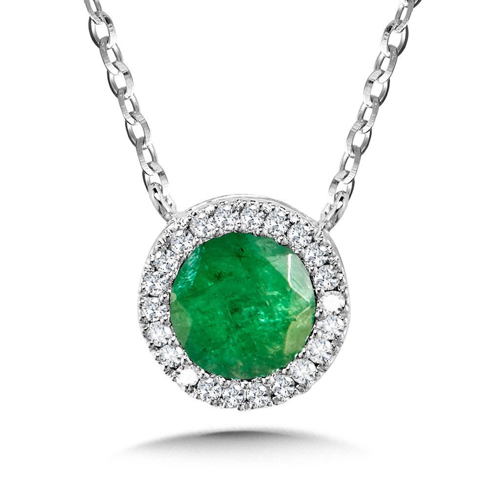 White Gold Round Emerald Diamond Halo Pendant - Colored Stone Pendants