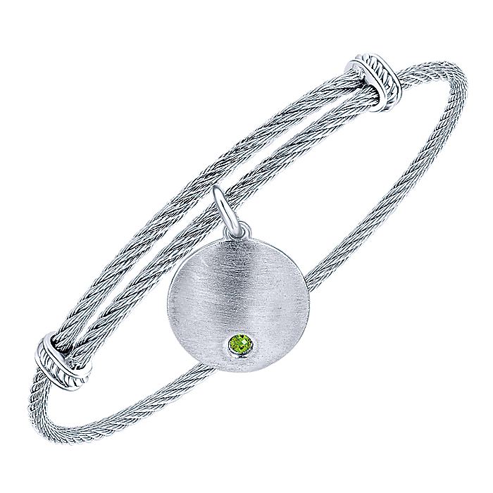 Gabriel & Co Adjustable Stainless Steel Bangle with Round Sterling Silver Peridot Stone Disc Charm