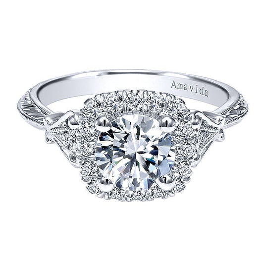 Amavida White Gold Engraved Halo Engagement Ring - Diamond Semi-Mount Rings