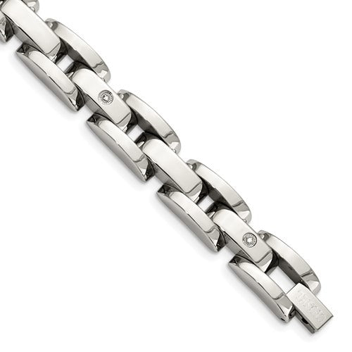 Stainless Steel 8.5 Inch Polished With 14 Karat White Gold And Diamonds