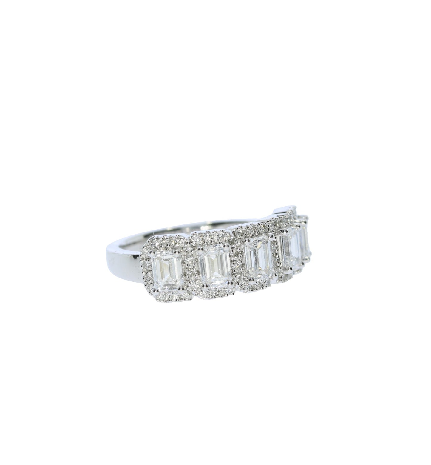 Green Rocks White Gold Five Labratory Grown Emerald Diamond Halo Band