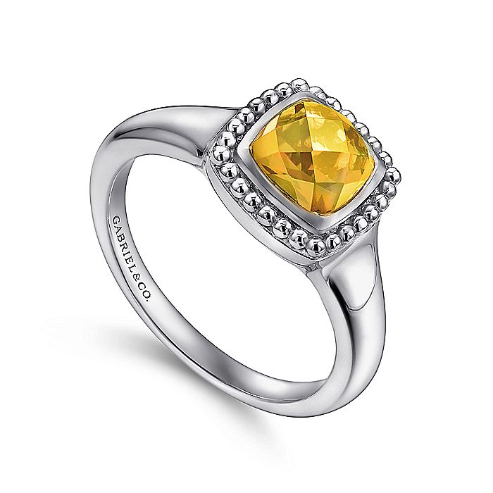 Gabriel & Co Sterling Silver Beaded Cushion Cut Citrine Ring