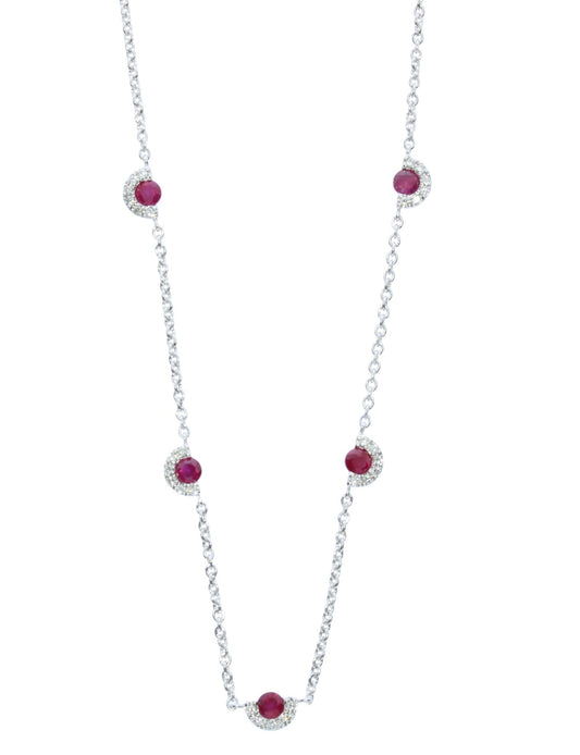 White Gold Ruby and Diamond Station Necklace - Colored Stone Necklace