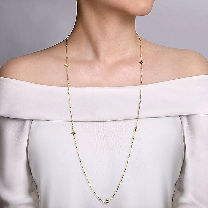 Gabriel & Co Yellow Gold Pyramid Quatrefoil Station Necklace