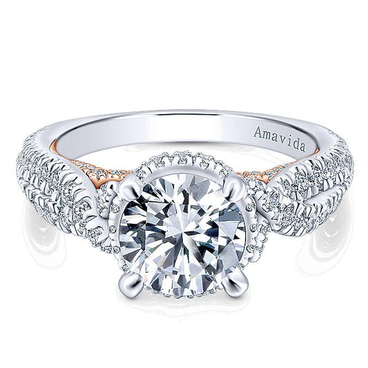Amavida White And Rose Gold Twisted Halo Engagement Ring - Diamond Semi-Mount Rings