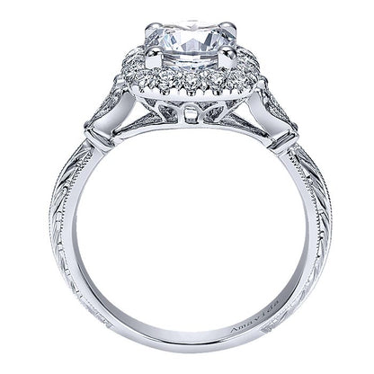 Amavida White Gold Engraved Halo Engagement Ring - Diamond Semi-Mount Rings