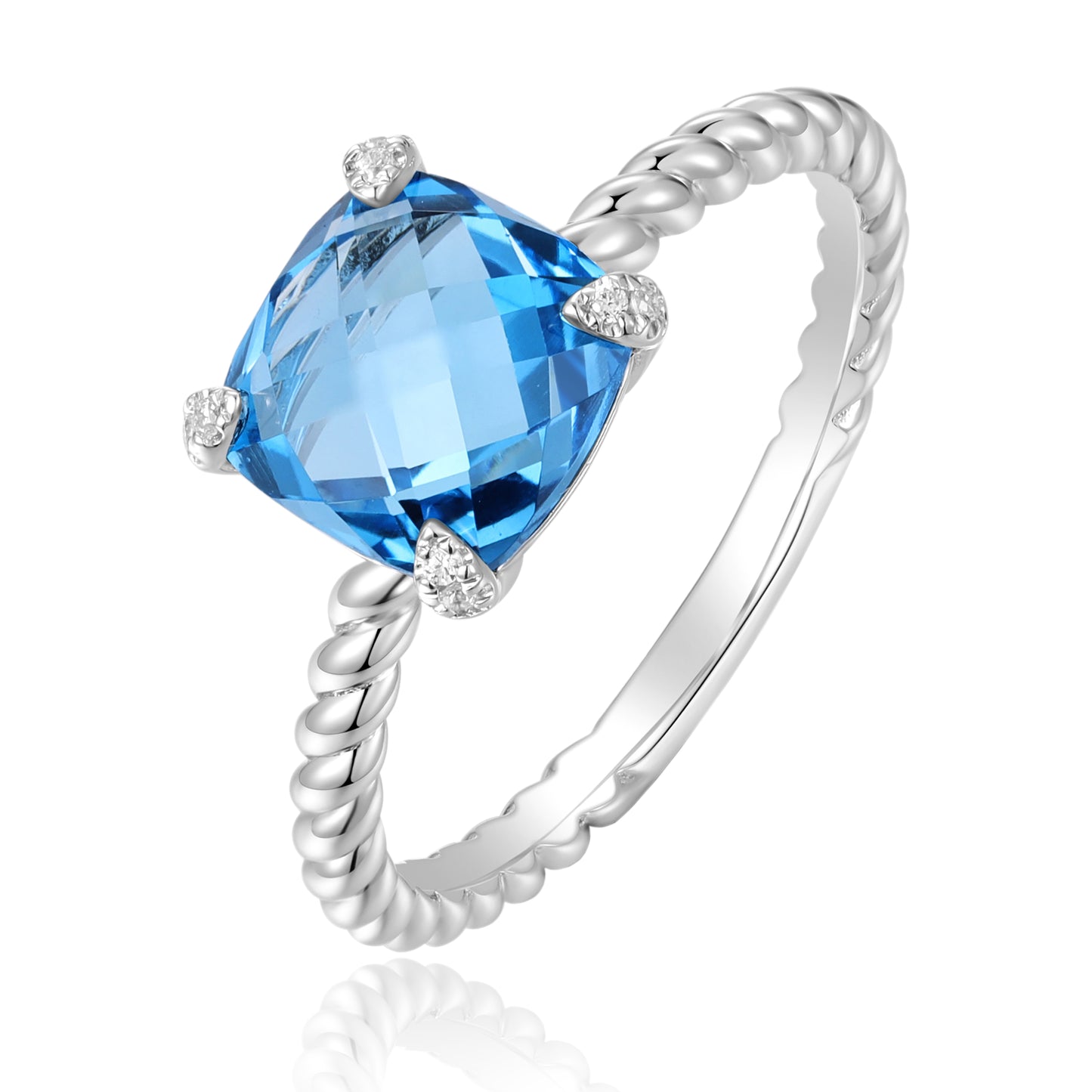 Luvente White Gold Cushion Cut Blue Topaz Rope Textured Ring