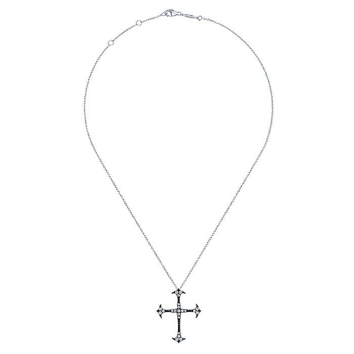 Gabriel & Co Silver Black Rhodiumed Cross White Sapphire Pendant Necklace