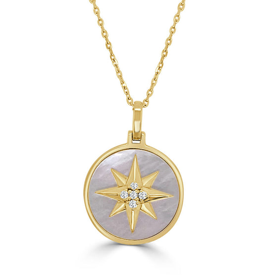 Frederic Sage Yellow Gold Mother Of Pearl & Diamond Compass Necklace - Colored Stone Pendants