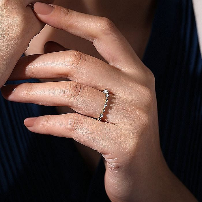 Gabriel & Co. Yellow Gold Bujukan and Diamond Station Alternating Ring
