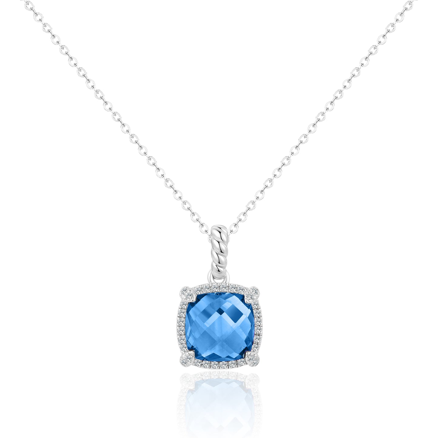 Luvente 14 Karat White Gold Cushion Cut Blue Topaz Diamond Halo Pendant