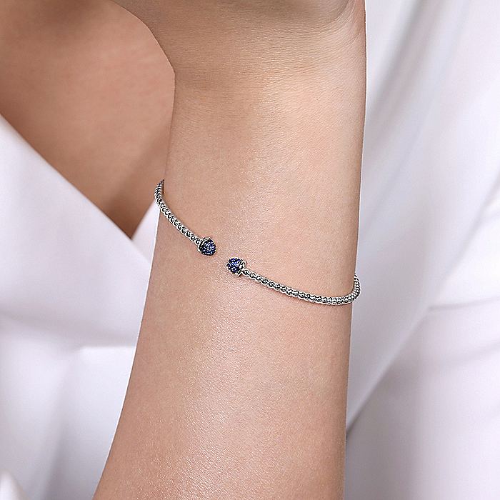 Gabriel & Co White Gold Bujukan Bead Cuff Bracelet with Sapphire Pavé Caps