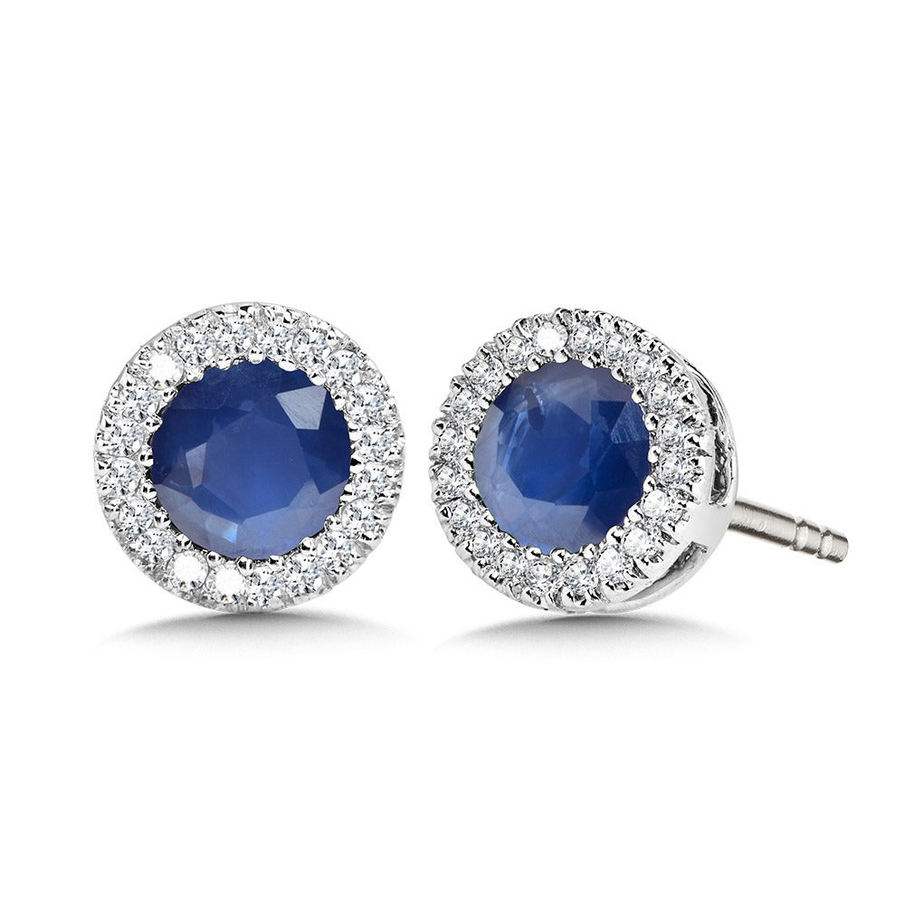 White Gold Round Sapphire Diamond Halo Stud Earrings