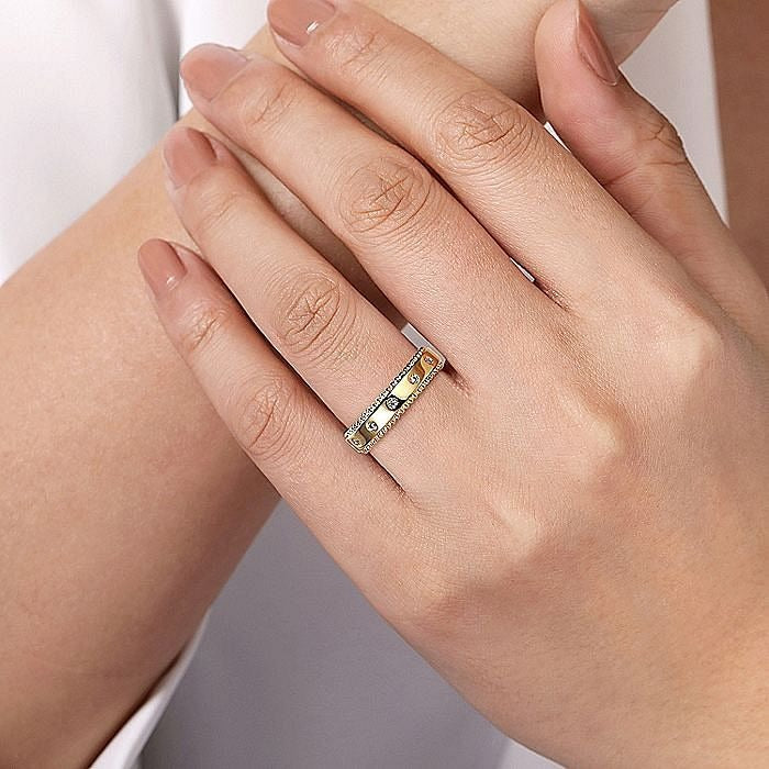Gabriel & Co. Yellow Gold Bujukan Diamond Bezel Wide Stackable Ring