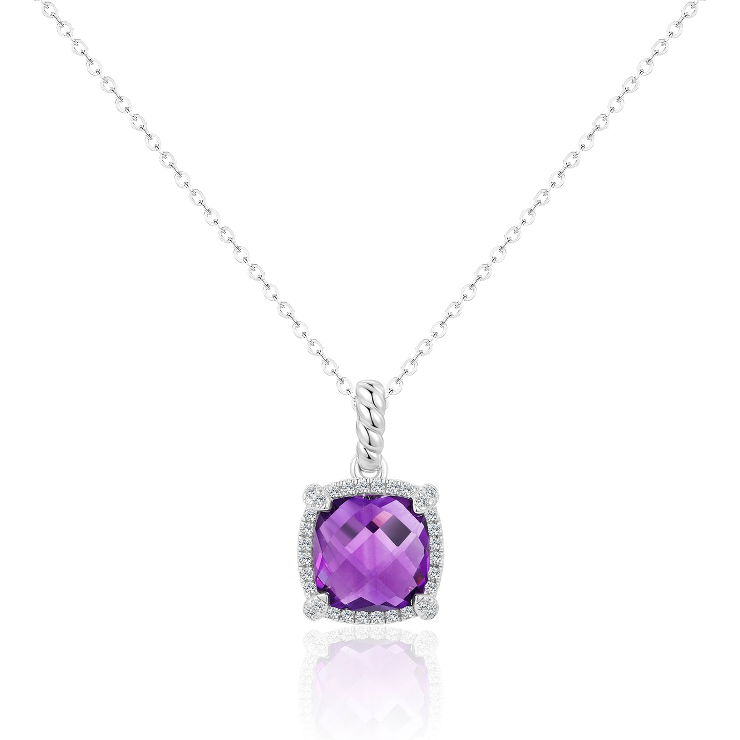 Luvente 14 Karat White Gold Cushion Cut Amethyst and Diamond Pendant