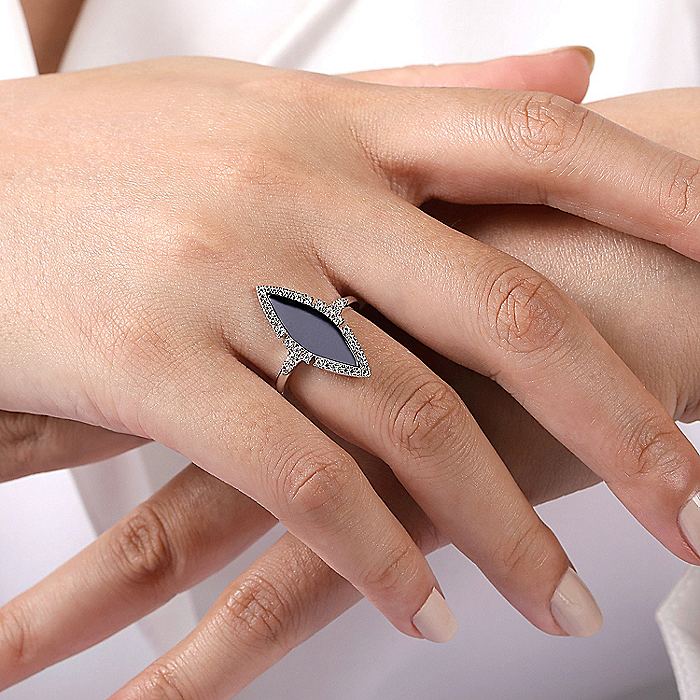 Gabriel & Co White Gold Diamond and Onyx Marquise Statement Ring