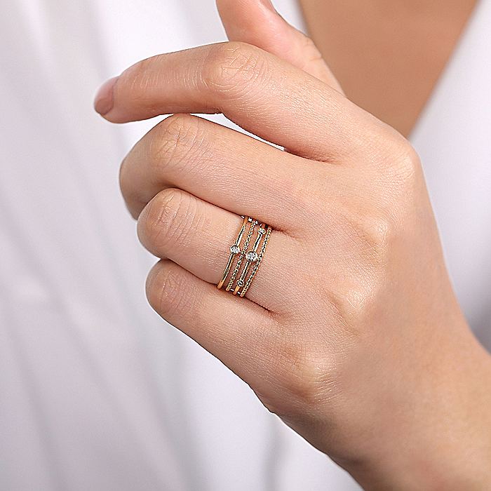 Gabriel & Co Yellow Gold Bezel Set Diamond Station Layered Ring - Diamond Fashion Rings - Women's