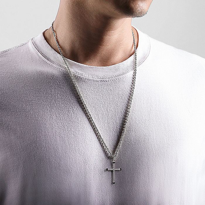 Gabriel & Co Sterling Silver Twisted Rope Cross Pendant with Black Spinel