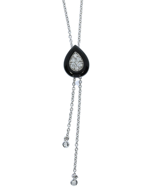 White Gold Pear Shape Black Onyx Halo Diamond Necklace - Colored Stone Necklace