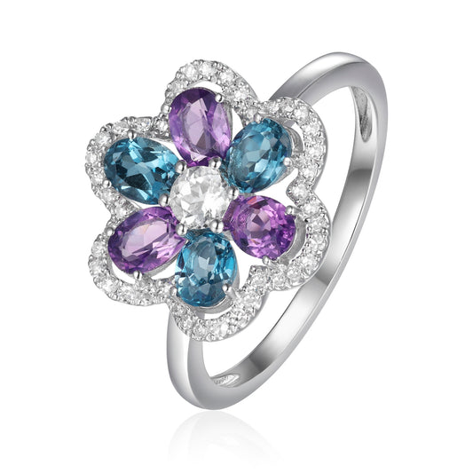 Luvente Amethyst, London Blue Topaz, and Diamond Flower Ring - Colored Stone Rings - Women's