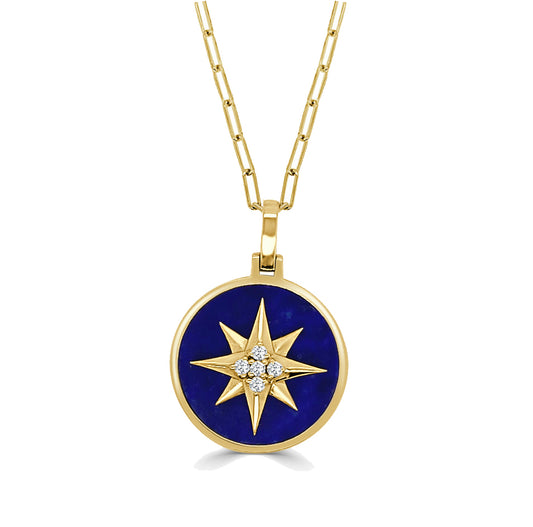 Frederic Sage Yellow Gold Lapis & Diamond Compass Necklace - Colored Stone Pendants