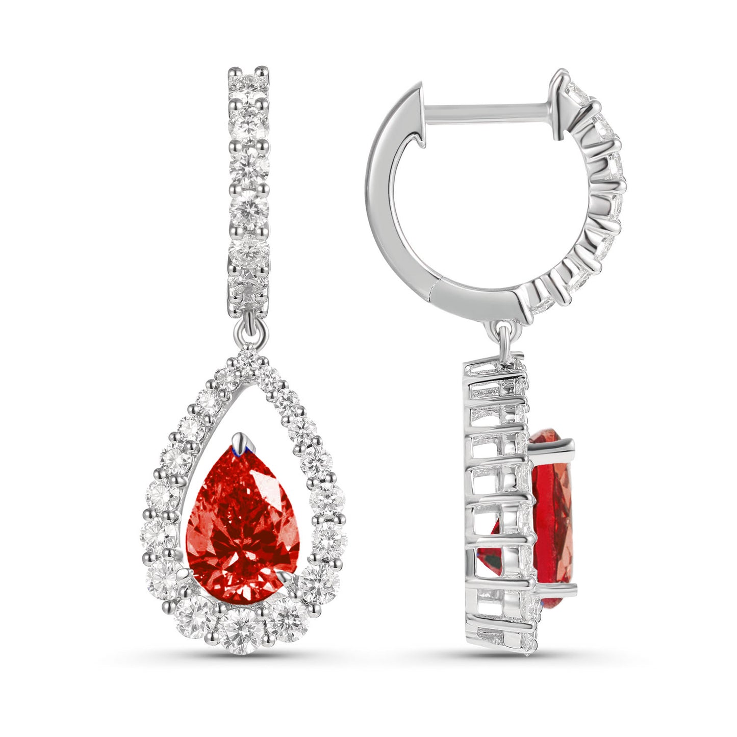 Luvente 14 Karat White Gold Dangle Pear Shaped Ruby and Diamond Halo Earrings