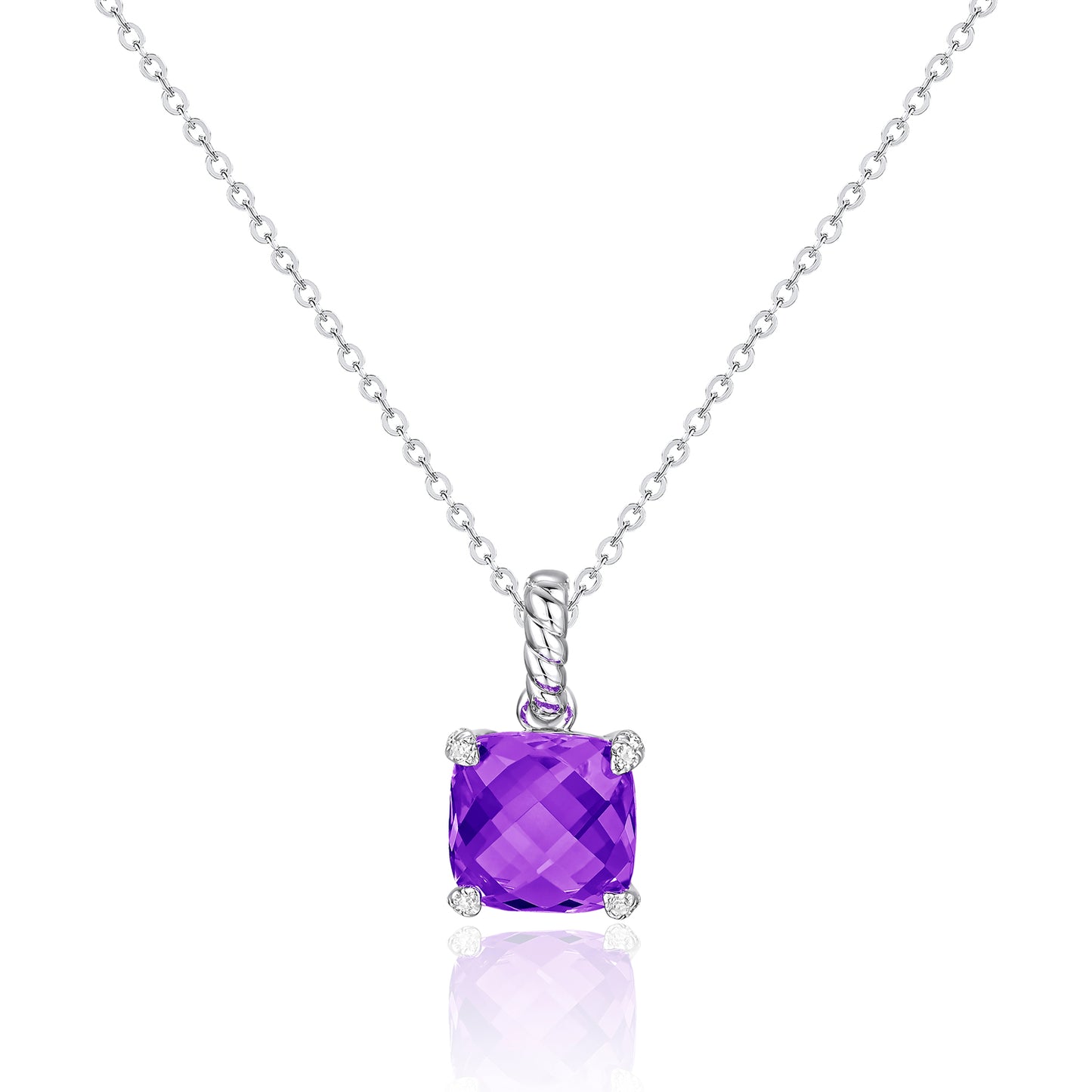 Luvente 14 Karat White Gold Cushion Cut Amethyst and Diamond Pendant