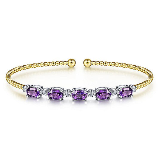 Gabriel & Co Yellow And White Gold Bujukan Bead Cuff Bracelet with Amethyst And Diamond Stations - Colored Stone Bracelets