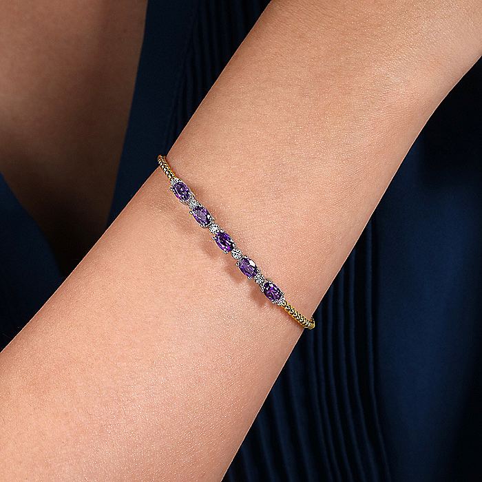 Gabriel & Co Yellow And White Gold Bujukan Bead Cuff Bracelet with Amethyst And Diamond Stations