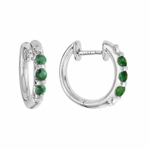 White Gold Emerald and Diamond Hoops - Colored Stone Earrings