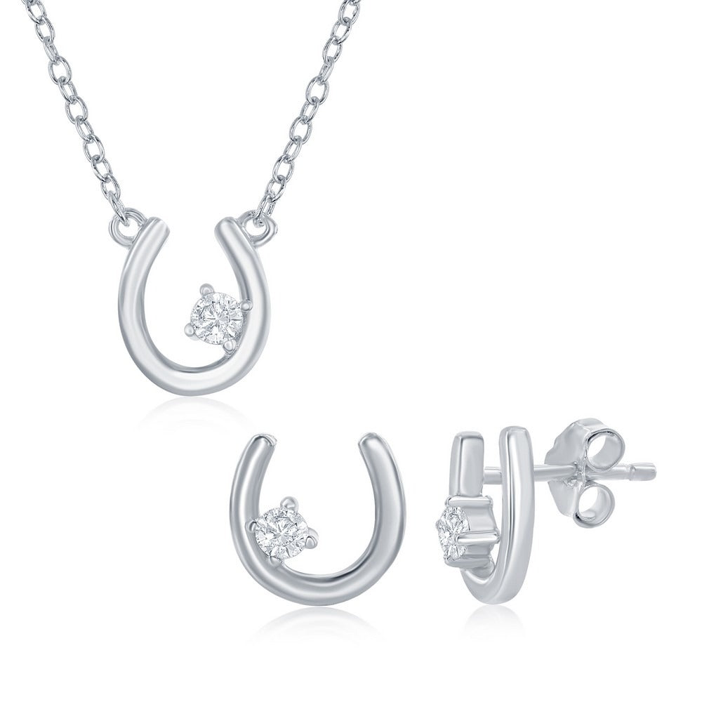Sterling Silver Small Horseshoe Necklace & Earrings Set