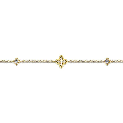Gabriel & Co. 14 Karat Yellow Gold Chain 10 Inch Ankle Bracelet with Clover and White Sapphire Stations - Anklets
