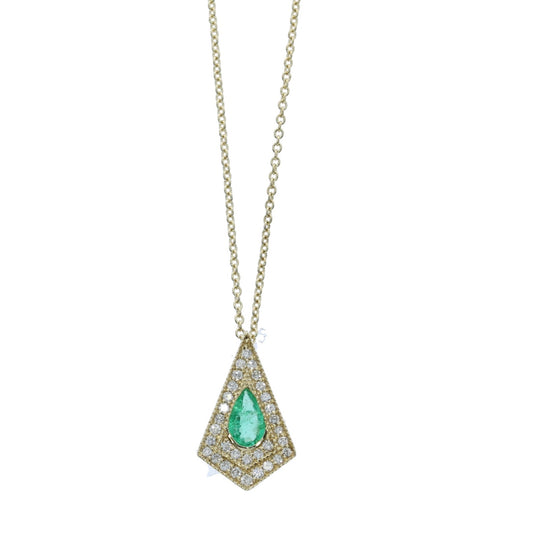 Yellow Gold Kite Shaped Emerald and Diamond Necklace - Colored Stone Necklace