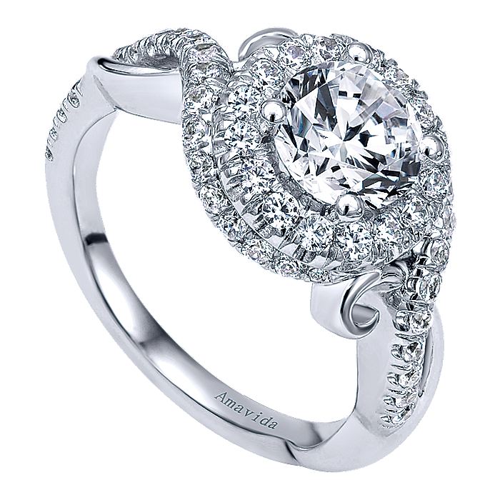 Amavida White Gold Swirl Round Halo Engagement Ring