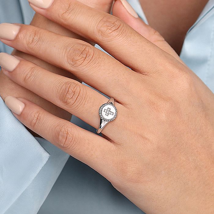 Gabriel & Co. Sterling Silver Signet Ring with Diamond Cross