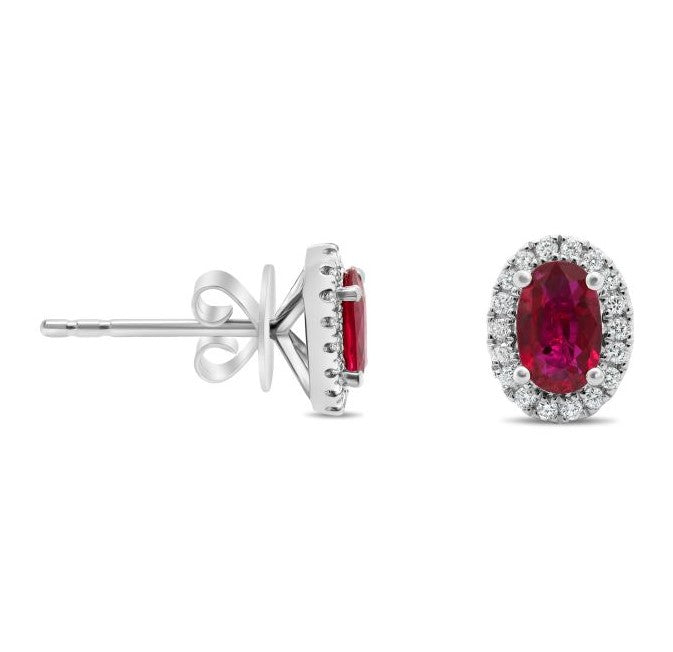 White Gold Oval Ruby and Diamond Halo Earrings