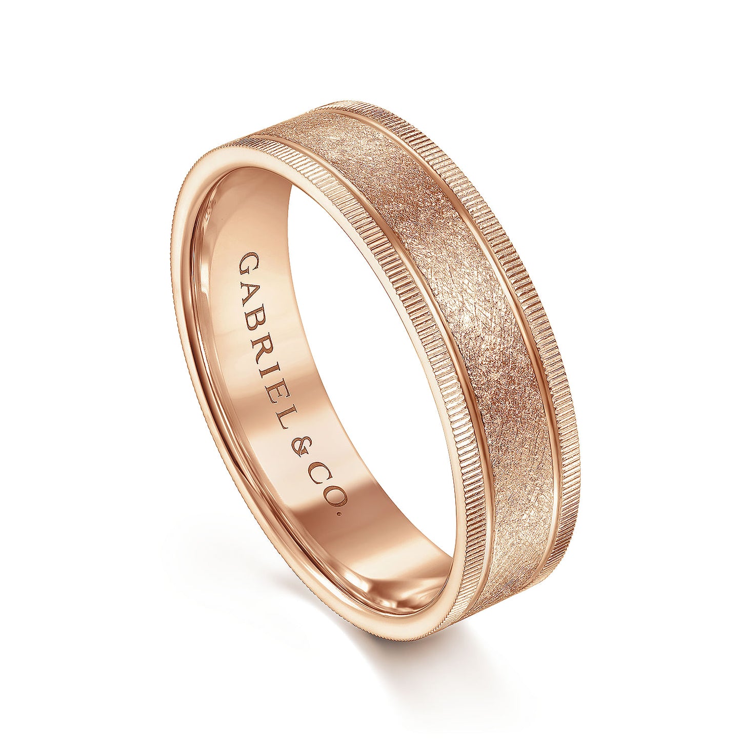 Gabriel & Co Rose Gold Wedding Band With A Sandblasted Center And Diamond Cut Edges - Gold Wedding Bands - Men's
