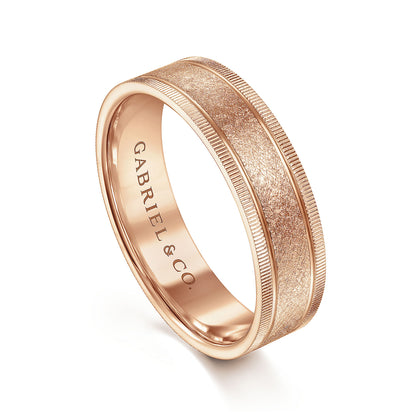 Gabriel & Co Rose Gold Wedding Band With A Sandblasted Center And Diamond Cut Edges - Gold Wedding Bands - Men's