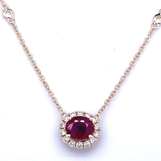 Yellow Gold Ruby And Diamond Halo Pendant With Diamond Station Necklace - Colored Stone Pendants