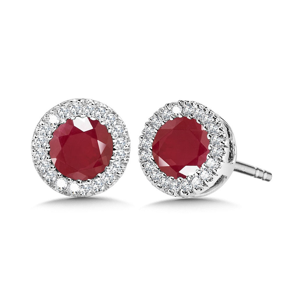 White Gold Round Ruby Diamond Halo Stud Earrings
