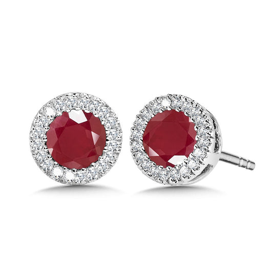 White Gold Round Ruby Diamond Halo Stud Earrings - Colored Stone Earrings