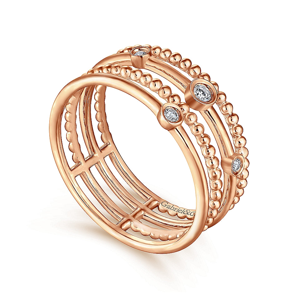 Gabriel & Co Rose Gold Four Row Diamond Fashion Ring