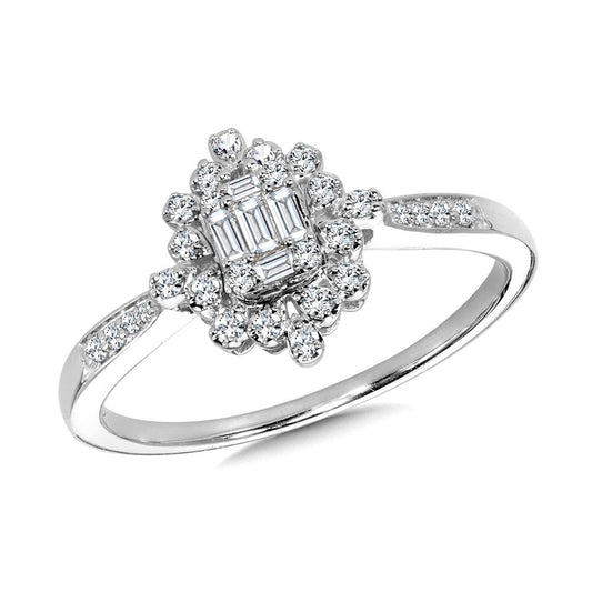 White Gold Baguette Cluster and Scattered Diamond Halo Ring - Diamond Engagement Rings