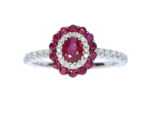 White Gold Ruby and Diamond Halo Ring - Colored Stone Rings - Women's