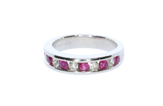 Ladies White Gold Diamond and Ruby Band - Colored Stone Rings - Women's