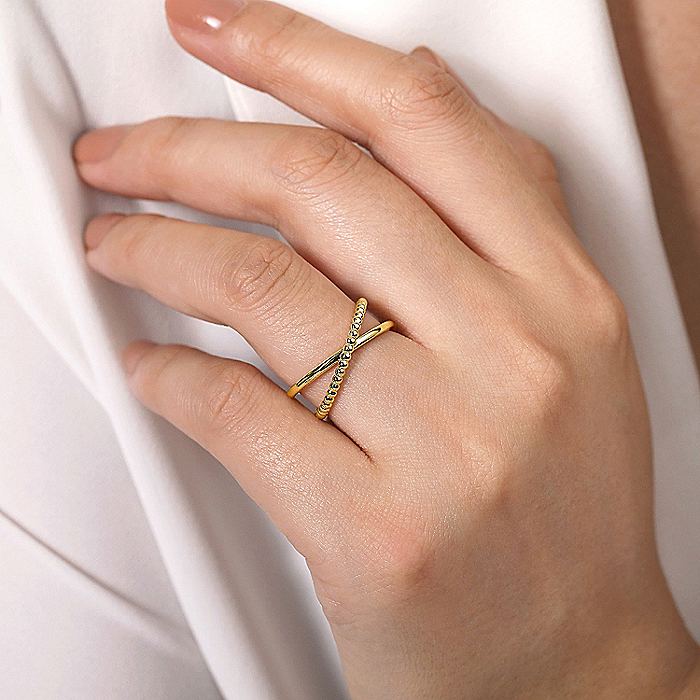 Gabriel & Co Yellow Gold Bujukan Bead Criss Cross Ring