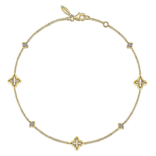 Gabriel & Co. 14 Karat Yellow Gold Chain 10 Inch Ankle Bracelet with Clover and White Sapphire Stations - Anklets